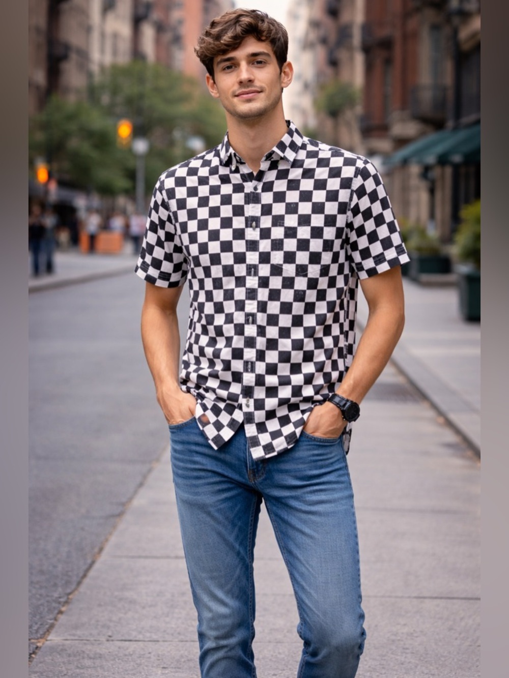 Hollister Men's Black & White Check Short-Sleeve Button-Down Shirt Size Large